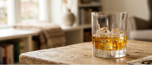 Top 5 goedkope whisky header: een glas whisky met ijs erin staat op een houten tafel in een woonkamer